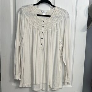 CJ Banks Cream Smocked Bib Collar Blouse